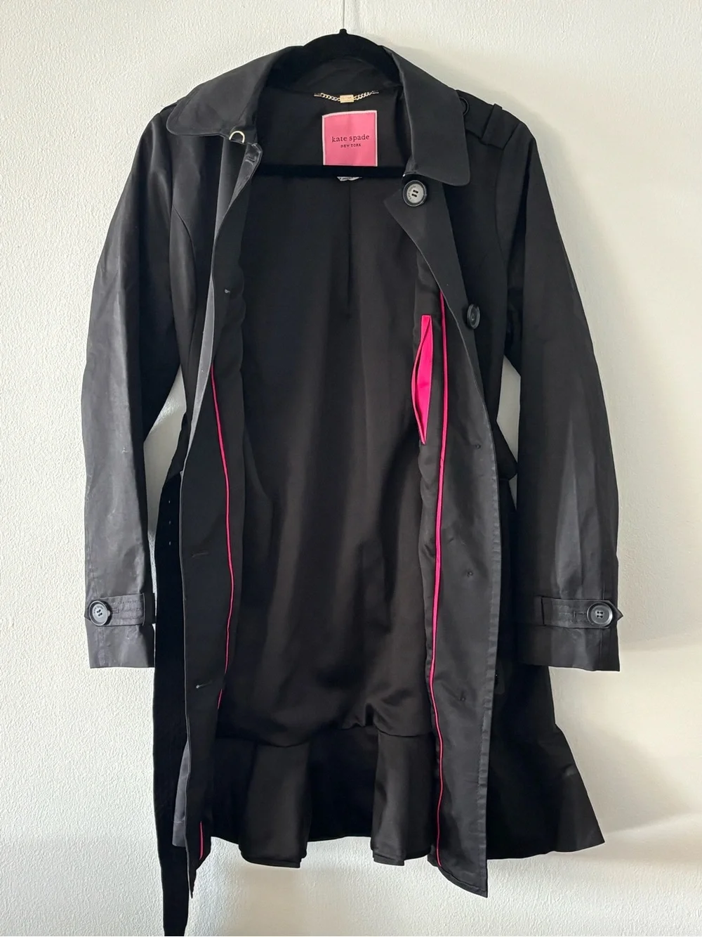 kate spade Ruffle Hem Black Belted Trench Coat Small Black